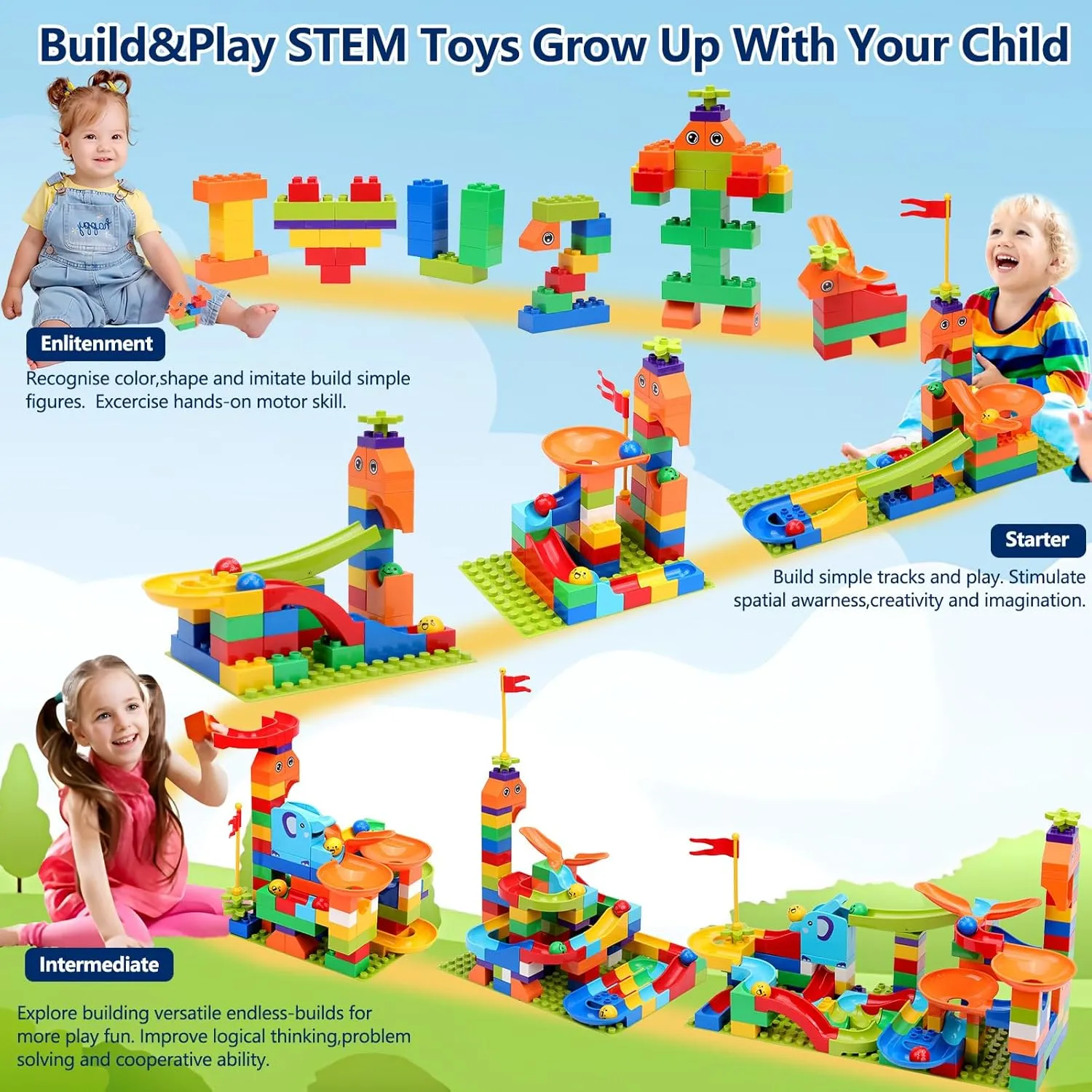 Marble Run Building Blocks: Upgrade Marbles Launcher Set Circular Fun Shot Game Variety Track Parts Compatible with Classic Large Bricks Birthday Gift for Boys Girls Toddler Aged 3,4,5,6,7,8 