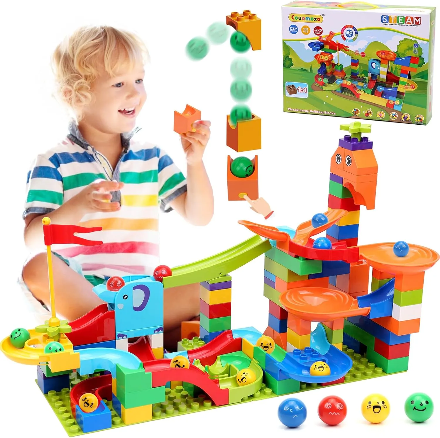 Marble Run Building Blocks: Upgrade Marbles Launcher Set Circular Fun Shot Game Variety Track Parts Compatible with Classic Large Bricks Birthday Gift for Boys Girls Toddler Aged 3,4,5,6,7,8 