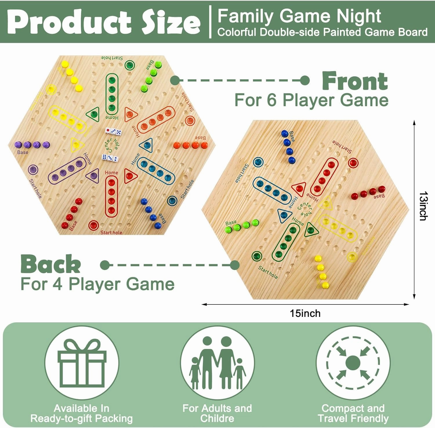 Marble Board Game Wooden Wahoo Double Side Painted Board Game with 6 Colors 36 Marbles 6 Dice for Adults Family Night Game, 6 and 4 Player