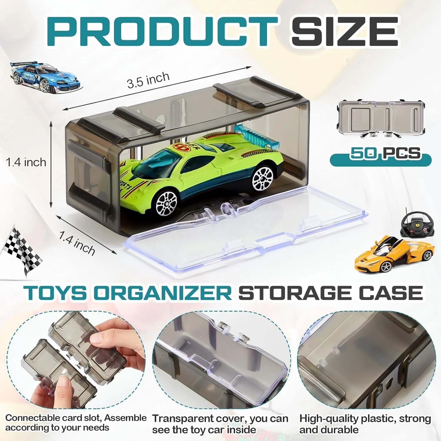 Marsui 50 Pcs 1/64 Scale Toy Cars Organizer Storage Case Clear Individual Toy Car Display Case1.4 x 1.4 x 3.5 Inches