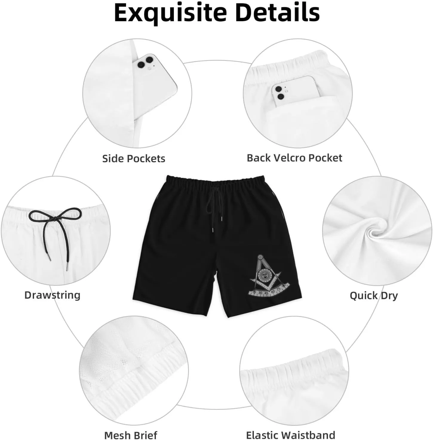 Masonic Past Master Universal Mens Swim Trunks Quick Dry Board Shorts 7" - Hawaii Beach Swimwear