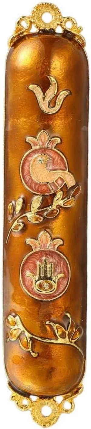 Matashi Hand Painted Enamel Mezuzah Embellished with a Dove and Hamsa Design with Gold Accents and Quality Crystals