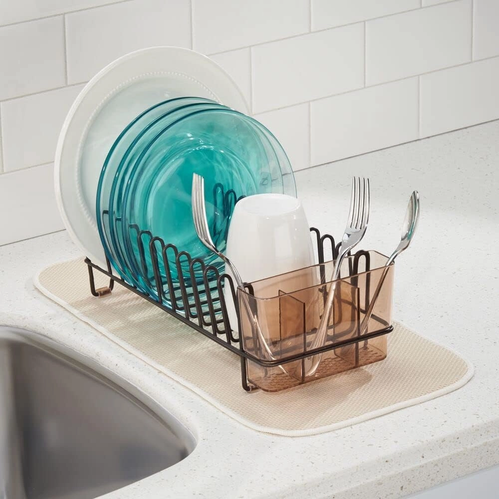 mDesign Dish Tray - Practical Draining Rack for Sink - Great Draining Rack - Up to 12 Plates and Cutlery - Bronze