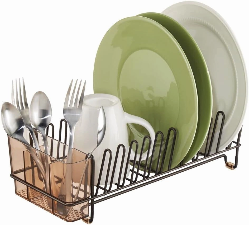 mDesign Dish Tray - Practical Draining Rack for Sink - Great Draining Rack - Up to 12 Plates and Cutlery - Bronze