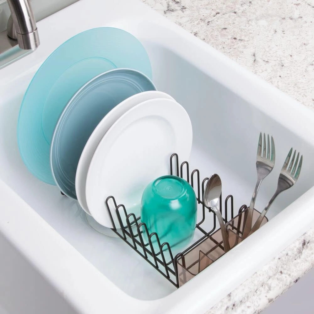 mDesign Dish Tray - Practical Draining Rack for Sink - Great Draining Rack - Up to 12 Plates and Cutlery - Bronze