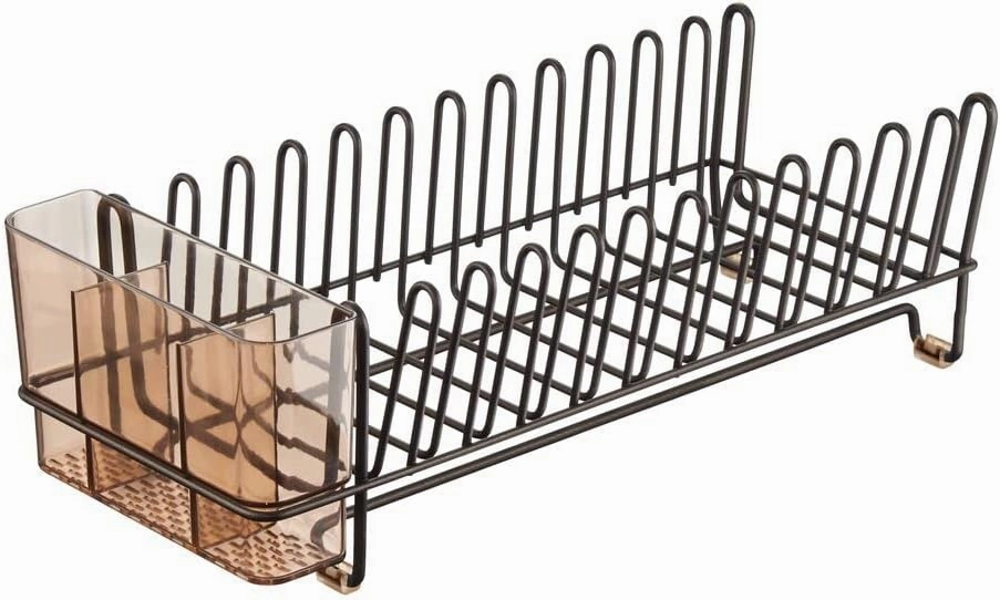 mDesign Dish Tray - Practical Draining Rack for Sink - Great Draining Rack - Up to 12 Plates and Cutlery - Bronze