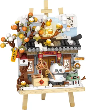 MEIEST Panda Mini Building Blocks Cute 3D Painting Model Set,Creative 4 Seasons' Views Collection Construction Building Bricks Toy,Home Decor (Winter-Persimmon)