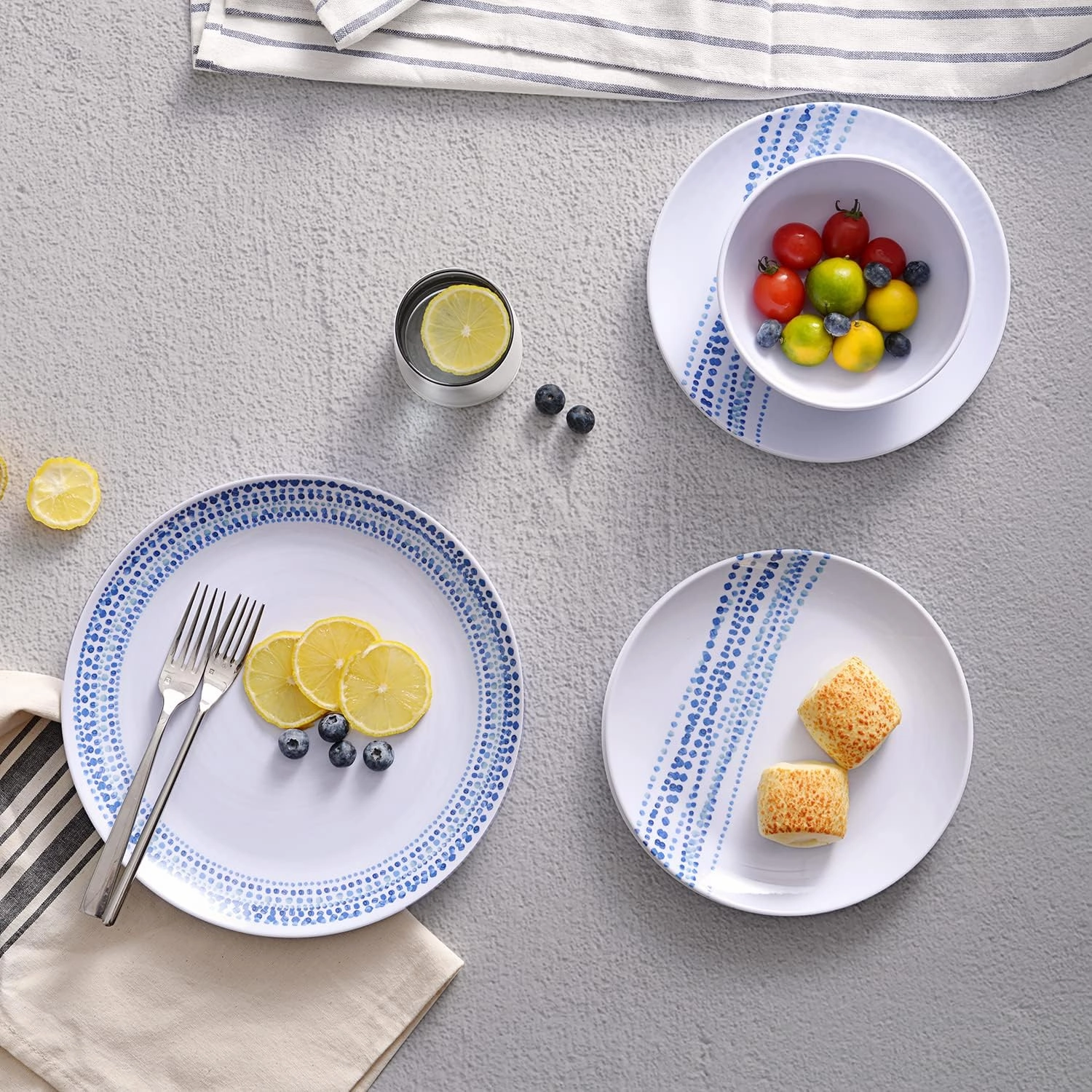 Melamine Dinnerware Sets, 12Pcs Plates and Bowls Sets Dinnerware Sets for 4, Unbreakable Dish Set for Indoor and Outdoor Use, Dishwasher Safe Raindrops Design
