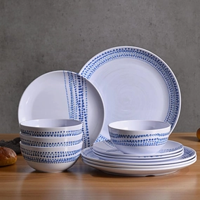 Melamine Dinnerware Sets, 12Pcs Plates and Bowls Sets Dinnerware Sets for 4, Unbreakable Dish Set for Indoor and Outdoor Use, Dishwasher Safe Raindrops Design