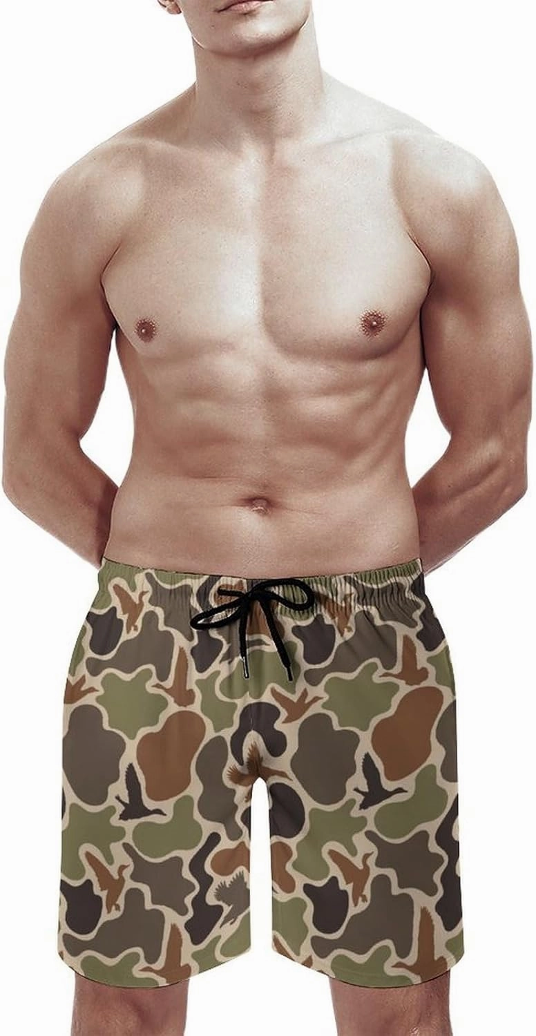 Men's Short Swim Trunks Vintage Brown Camouflage Quick Dry Bathing Suit Beach Swimsuits