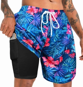 Men's Swim Trunks with Compression Liner Bathing Suits Swimwear Swimming Board Beach Shorts 7“ Quick Dry Swimsuit