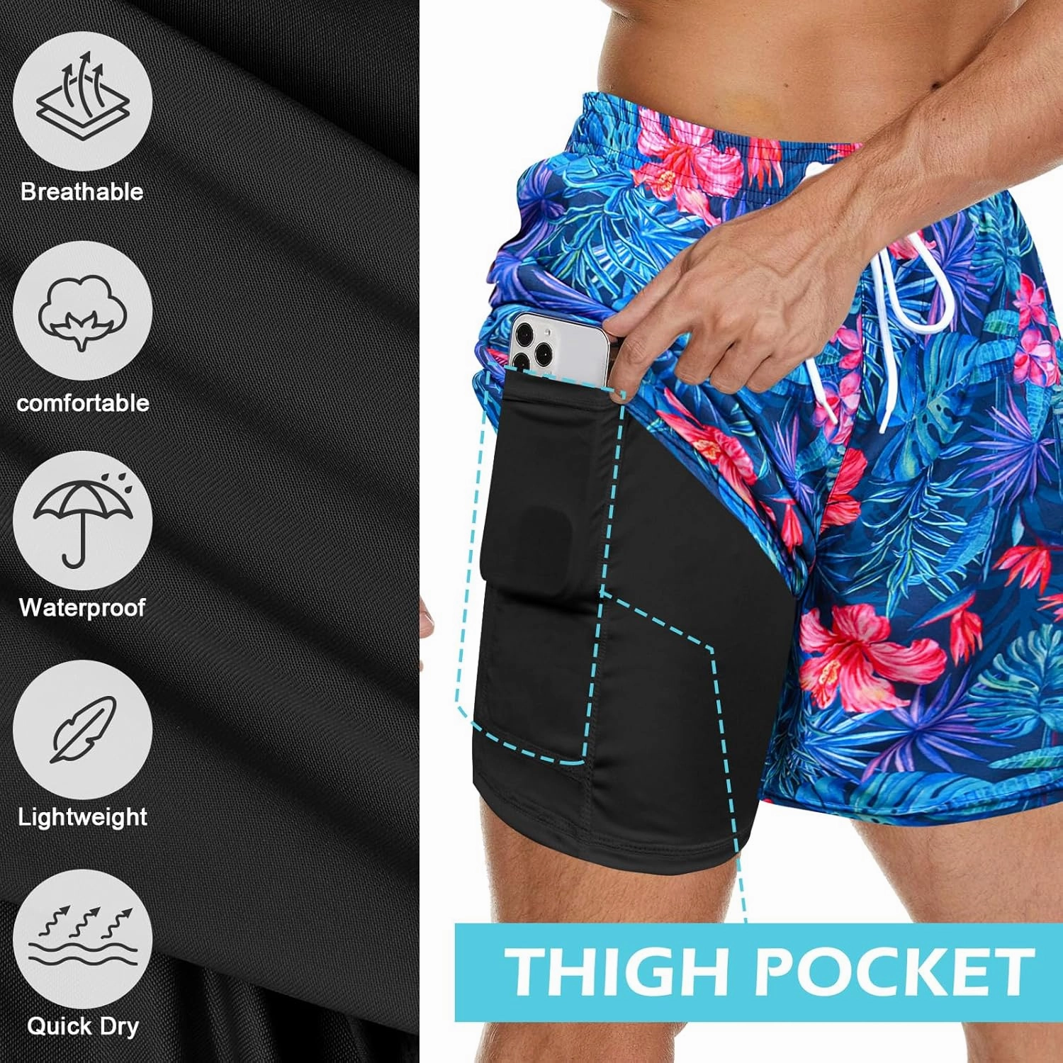 Men's Swim Trunks with Compression Liner Bathing Suits Swimwear Swimming Board Beach Shorts 7“ Quick Dry Swimsuit