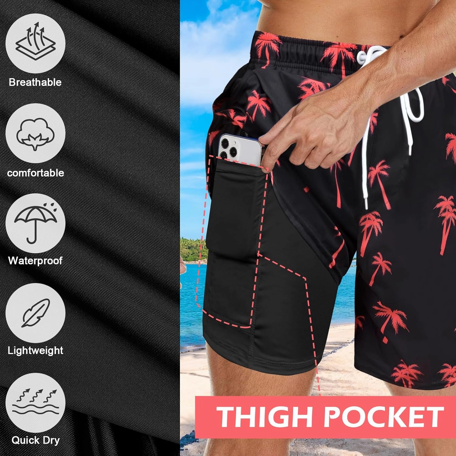 Men's Swim Trunks with Compression Liner Bathing Suits Swimwear Swimming Board Beach Shorts 7“ Quick Dry Swimsuit