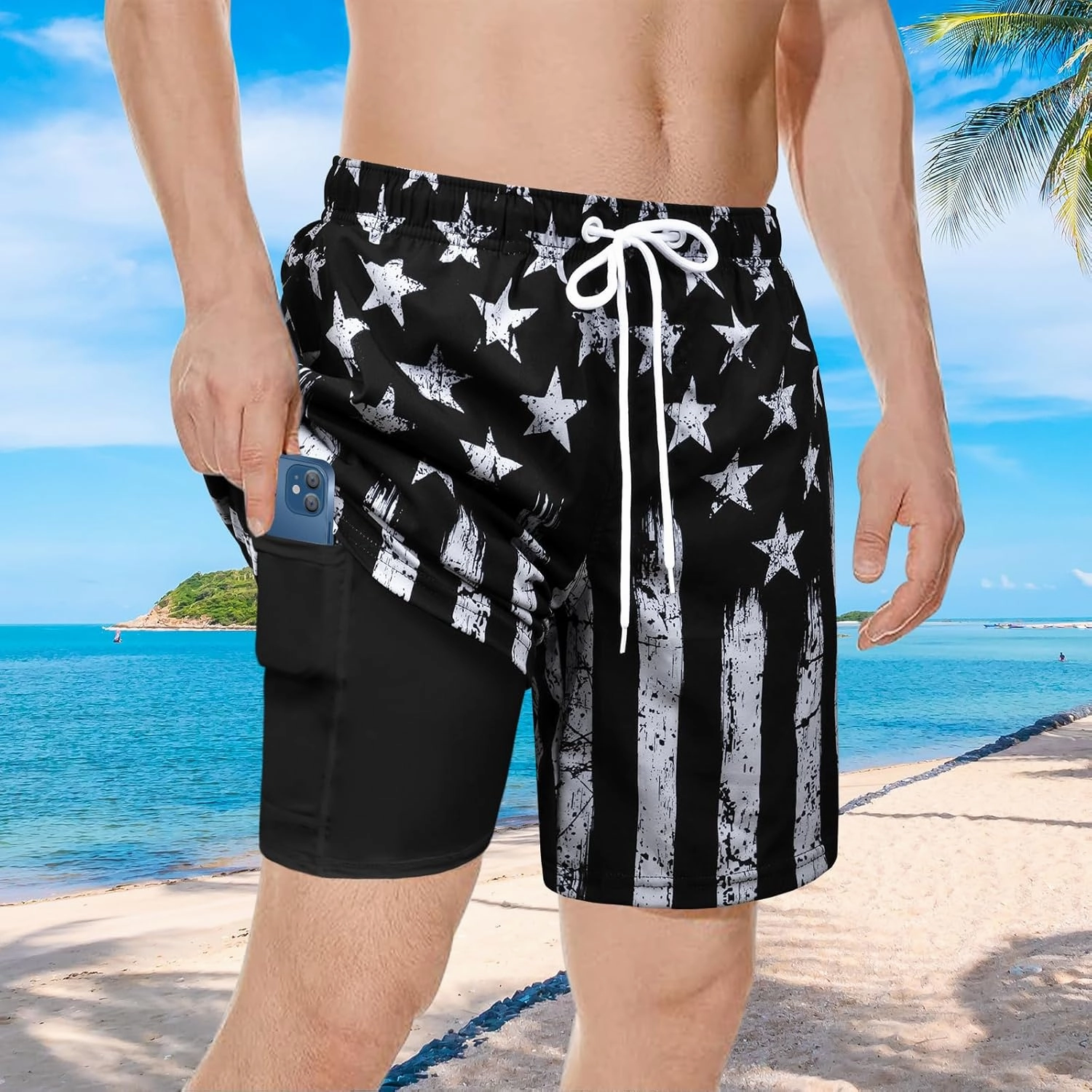 Men's Swim Trunks with Compression Liner Bathing Suits Swimwear Swimming Board Beach Shorts 7“ Quick Dry Swimsuit