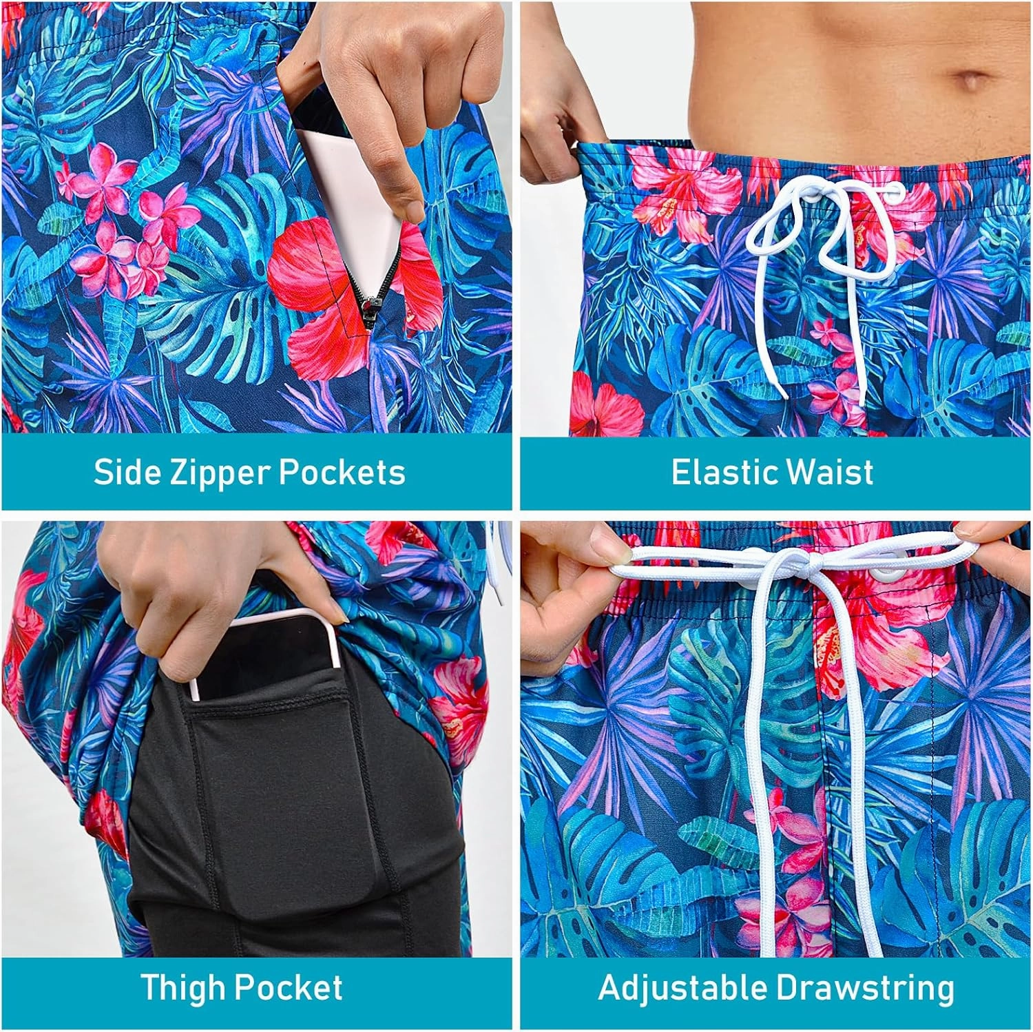 Men's Swim Trunks with Compression Liner Bathing Suits Swimwear Swimming Board Beach Shorts 7“ Quick Dry Swimsuit