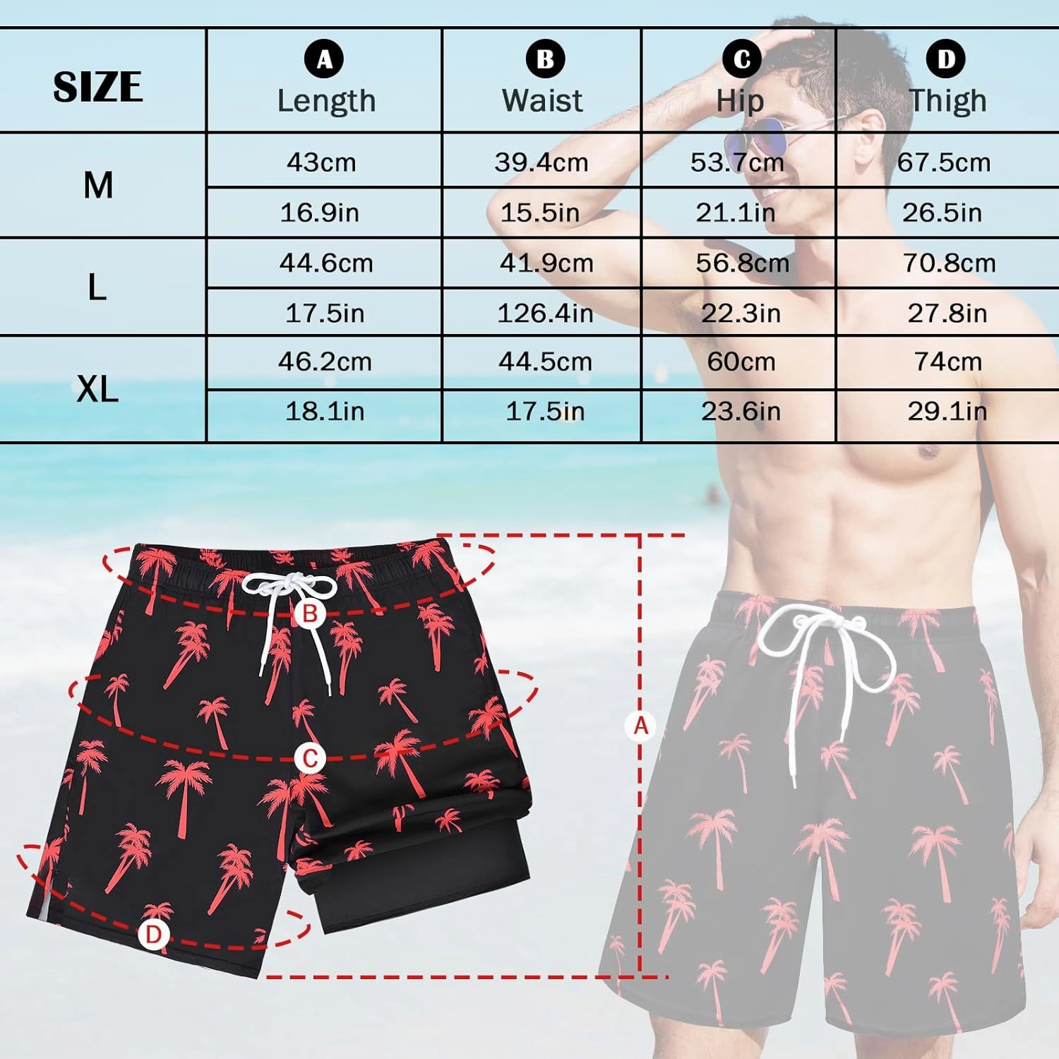 Men's Swim Trunks with Compression Liner Bathing Suits Swimwear Swimming Board Beach Shorts 7“ Quick Dry Swimsuit