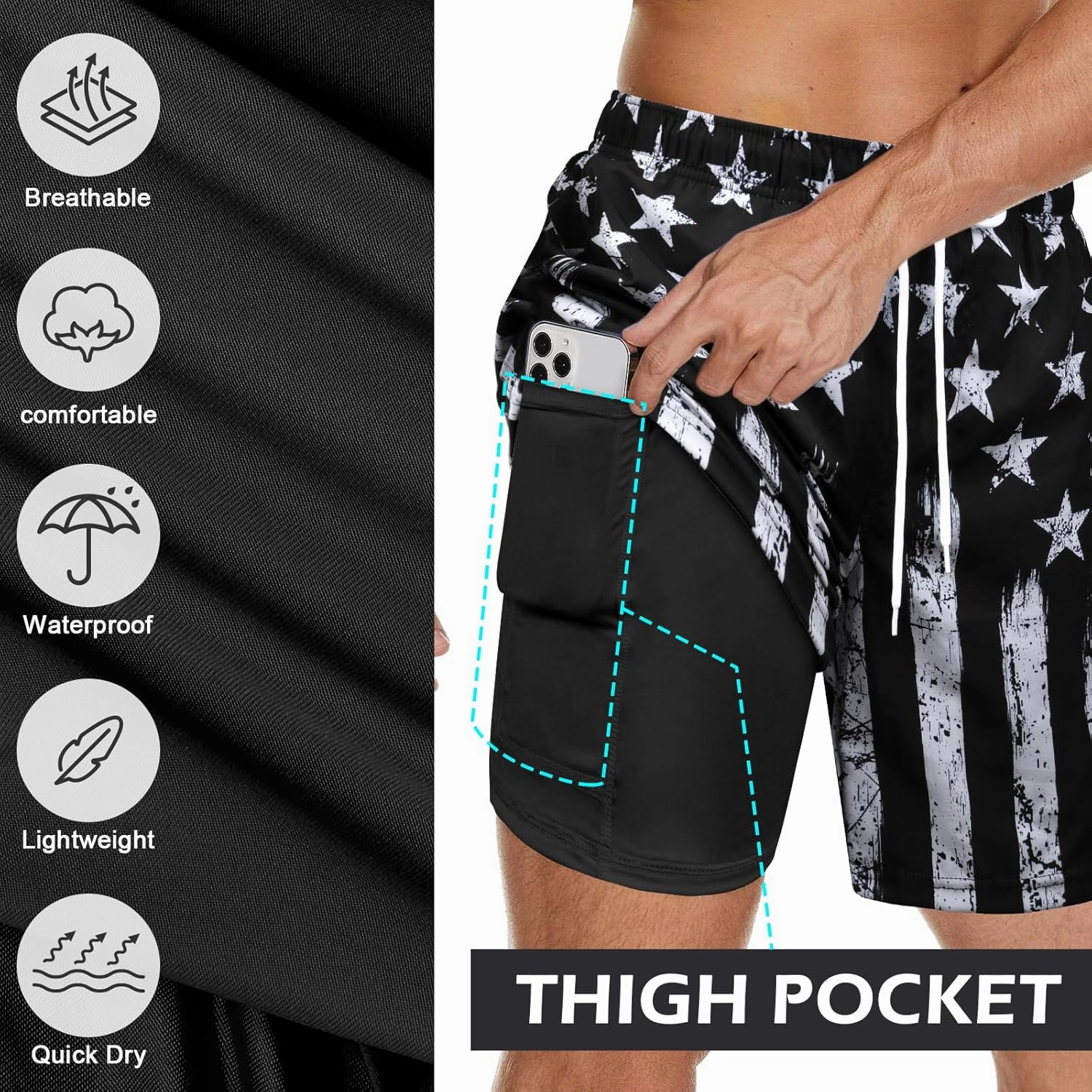 Men's Swim Trunks with Compression Liner Bathing Suits Swimwear Swimming Board Beach Shorts 7“ Quick Dry Swimsuit