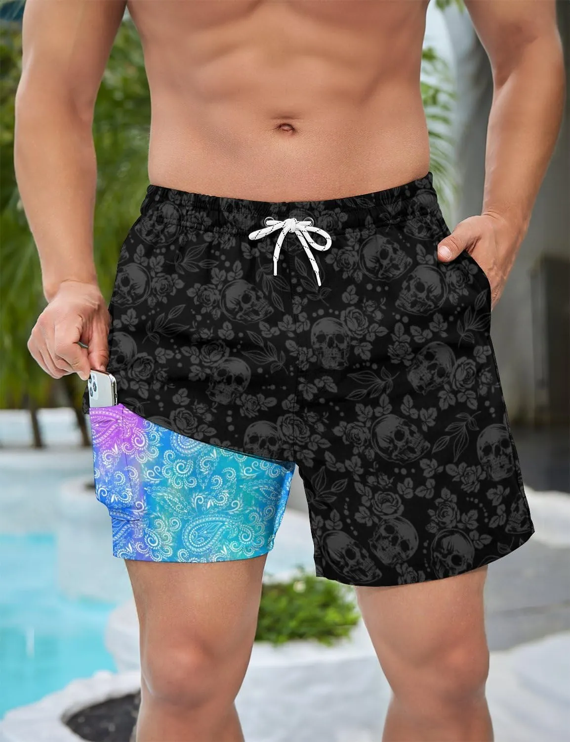 Men's Swim Trunks with Compression Liner 5" Inseam Mens Quick Dry Board Shorts with 4 Pockets for Beach Vacation
