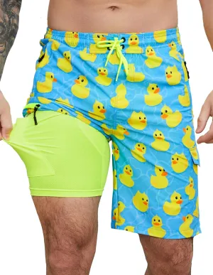 Mens Swim Trunks with Compression Liner Swimming Trunks 9 Inch Bathing Suit Quick Dry Swim Shorts Cargo Shorts