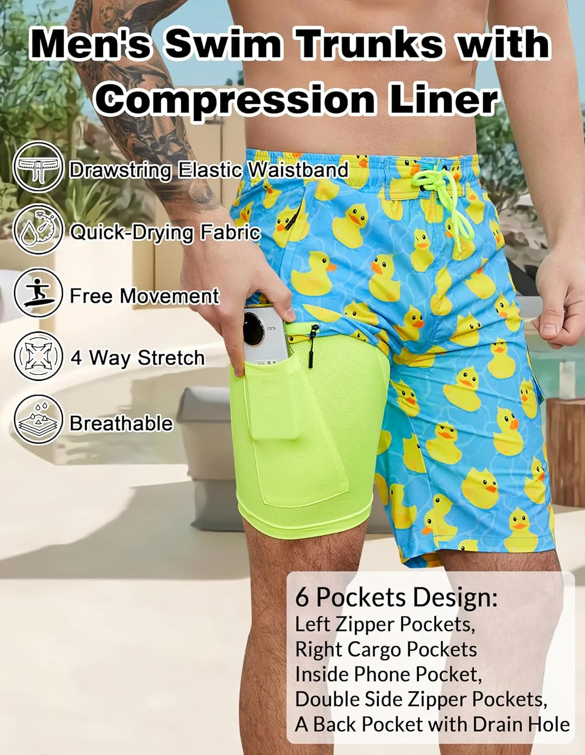 Mens Swim Trunks with Compression Liner Swimming Trunks 9 Inch Bathing Suit Quick Dry Swim Shorts Cargo Shorts