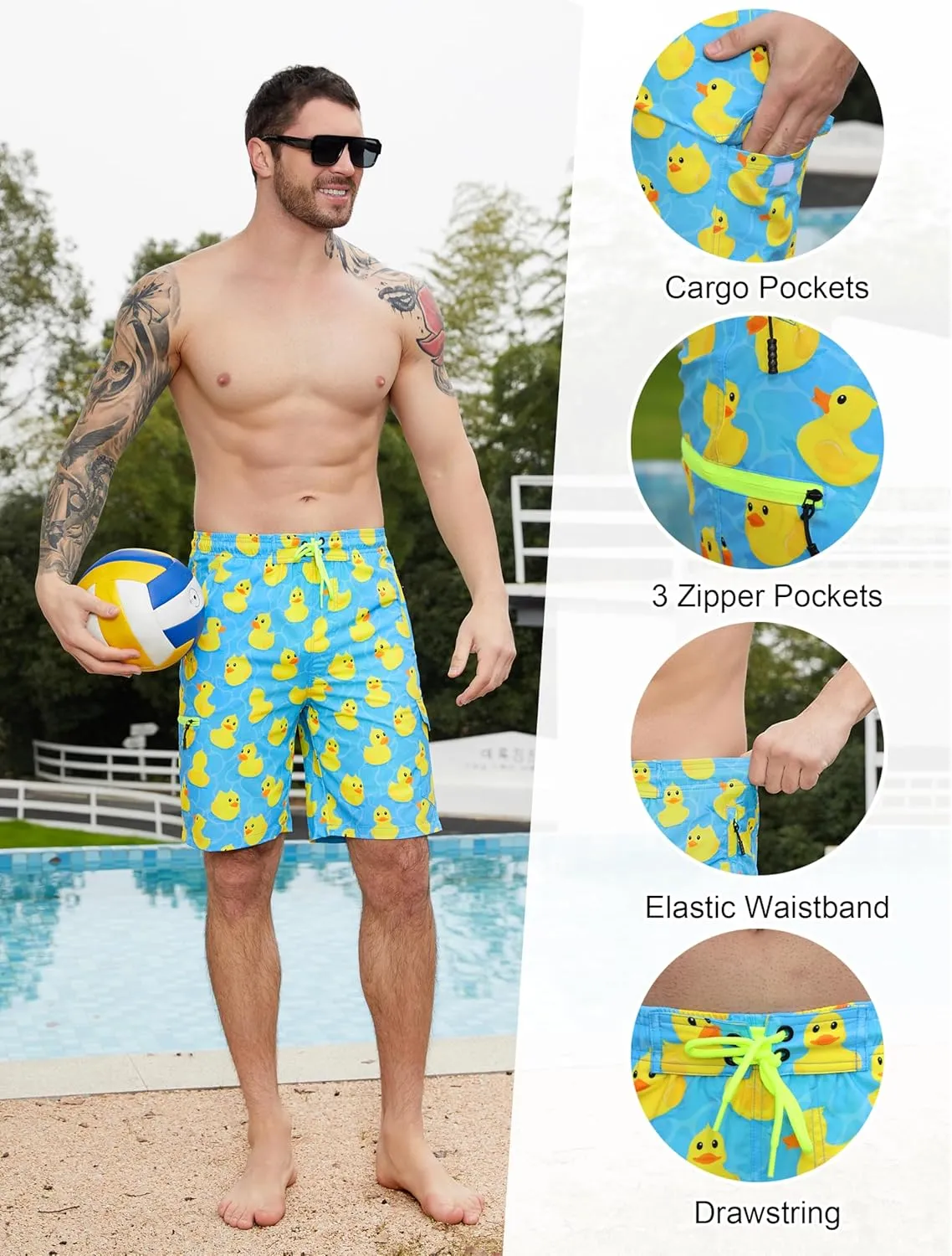 Mens Swim Trunks with Compression Liner Swimming Trunks 9 Inch Bathing Suit Quick Dry Swim Shorts Cargo Shorts