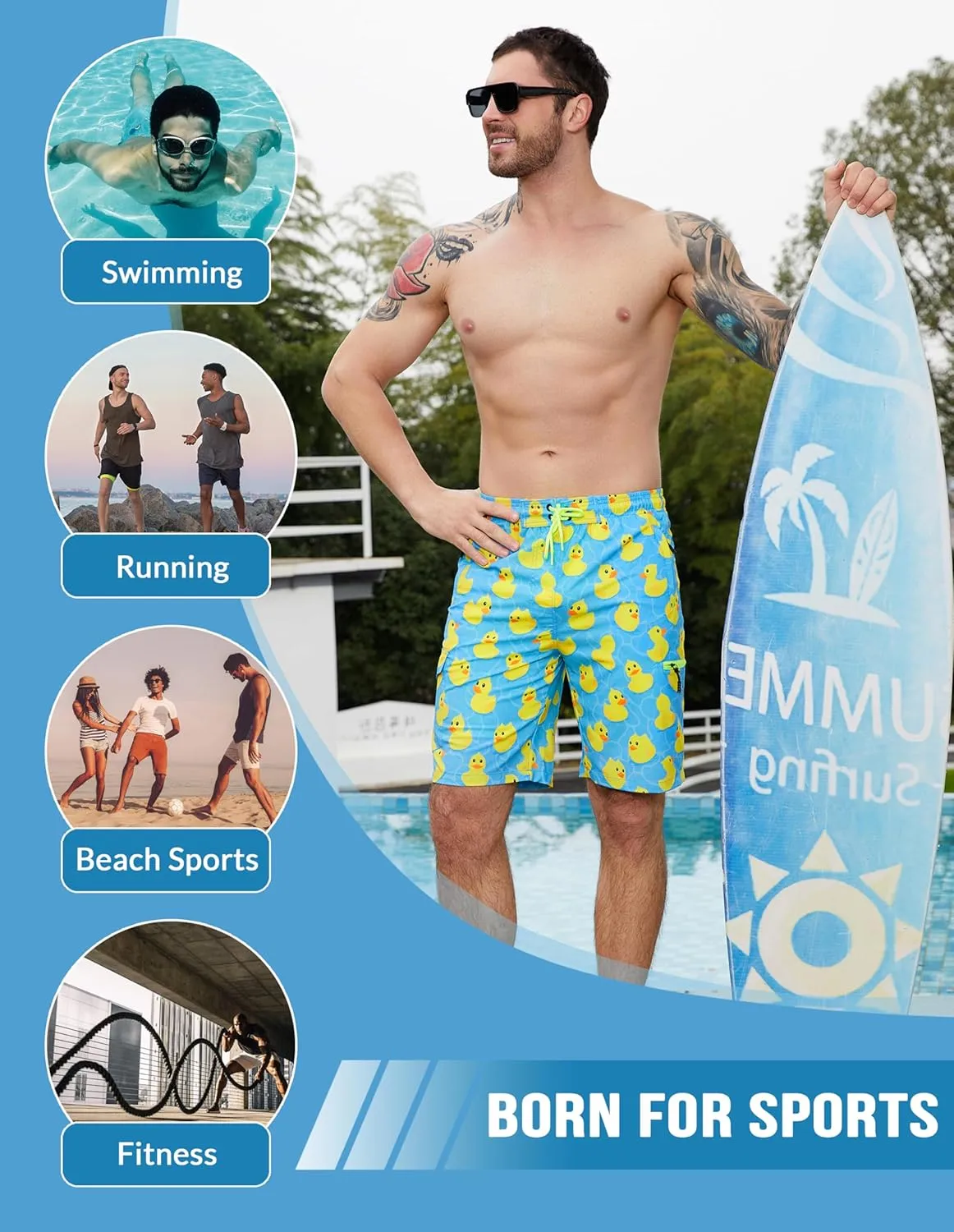 Mens Swim Trunks with Compression Liner Swimming Trunks 9 Inch Bathing Suit Quick Dry Swim Shorts Cargo Shorts