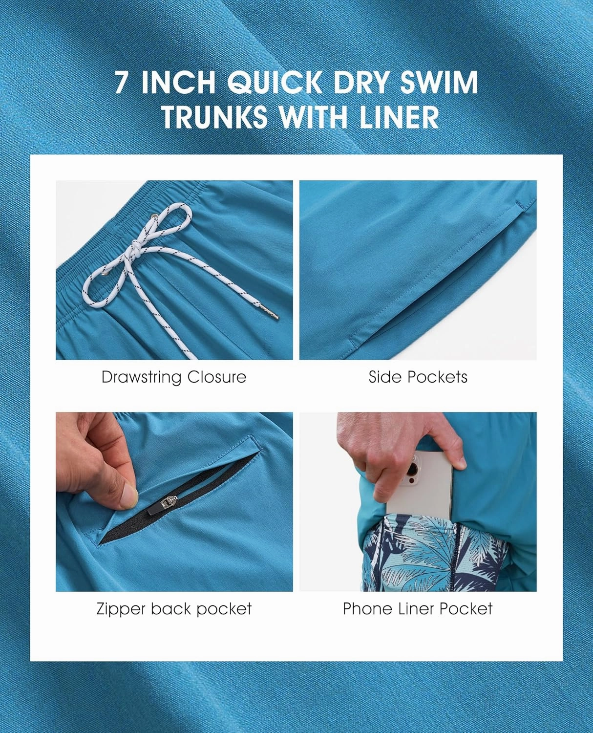 Mens 7 Inch Swim Trunks with Compression Liner Stretch Quick Dry Swim Shorts Swimsuits with Pockets