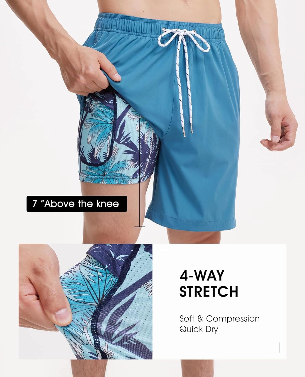 Mens 7 Inch Swim Trunks with Compression Liner Stretch Quick Dry Swim Shorts Swimsuits with Pockets