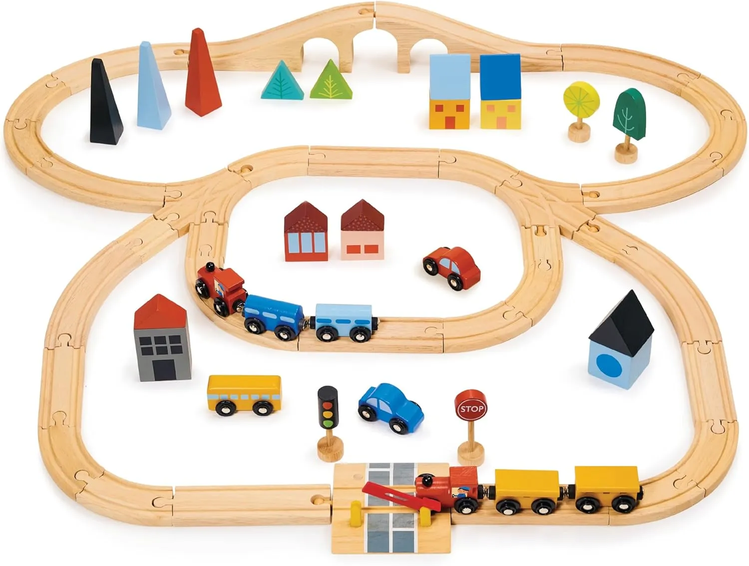 Mentari Toys - Town Train Set - Wooden Train with Magnetic Carriages, Buildings, Trees, Road Signs and Bridge - Compatible with Major Brands - Encourages Imaginative Play and Storytelling - Age 3 