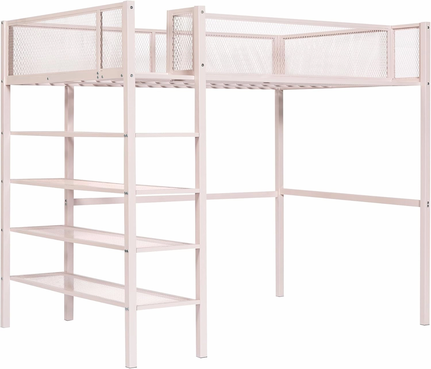 Merax Twin Size Metal Loft Bed with 4-Tier Shelves and Storage, Twin Loft Bed Frame for Dorm, Boys & Girls, Teens, No Box Spring Needed, Pink