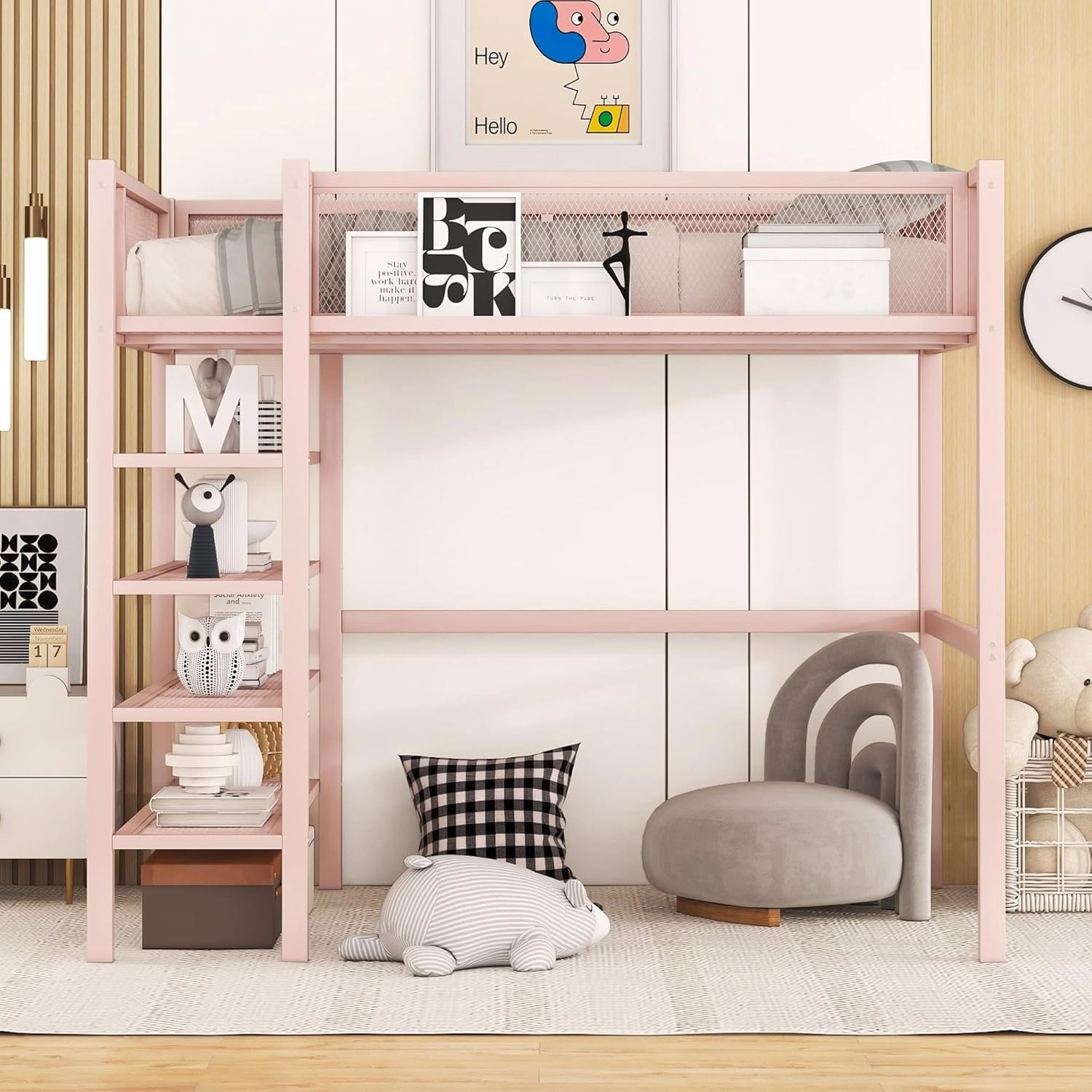 Merax Twin Size Metal Loft Bed with 4-Tier Shelves and Storage, Twin Loft Bed Frame for Dorm, Boys & Girls, Teens, No Box Spring Needed, Pink