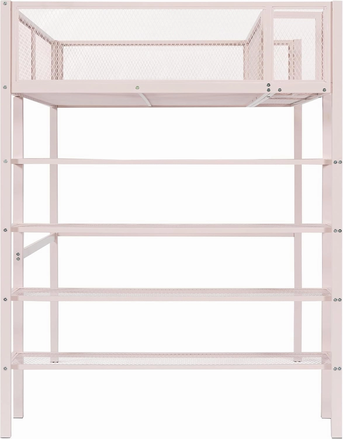 Merax Twin Size Metal Loft Bed with 4-Tier Shelves and Storage, Twin Loft Bed Frame for Dorm, Boys & Girls, Teens, No Box Spring Needed, Pink