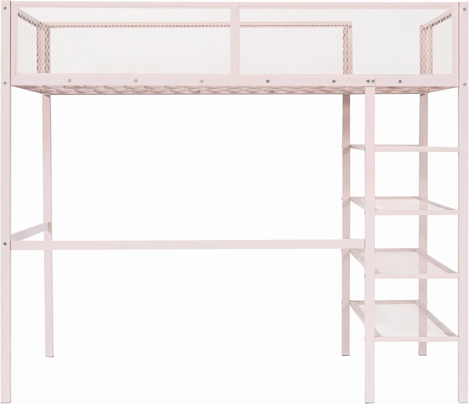 Merax Twin Size Metal Loft Bed with 4-Tier Shelves and Storage, Twin Loft Bed Frame for Dorm, Boys & Girls, Teens, No Box Spring Needed, Pink