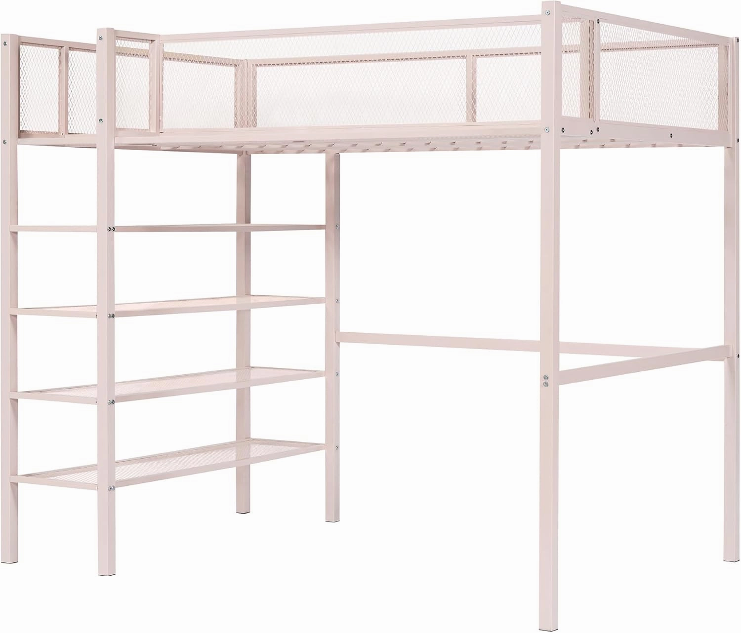 Merax Twin Size Metal Loft Bed with 4-Tier Shelves and Storage, Twin Loft Bed Frame for Dorm, Boys & Girls, Teens, No Box Spring Needed, Pink