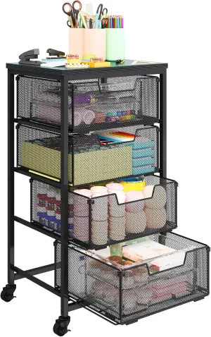 Metal Art and Craft Storage Organization Cart 4-Drawers Utility Rolling Carts With Lockable Wheels&Wooden Tabletop Art-Craft Supplies For Classroom,Office,Make-up,Kitchen,Bedroom,14"L x 11"W x 27.55"H