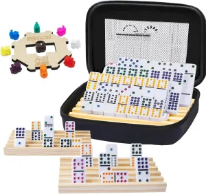 Mexican Train Dominoes Set with Numbers and 4 Wooden Trays/Racks, Double 12 Dominos Travel Set with 4 Tiles Holders, 91 Tiles Double 12 (Mexican Train Dominoes Set with 4 Racks)