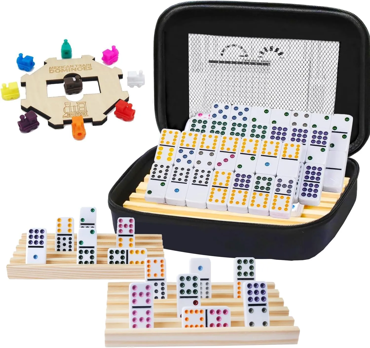 Mexican Train Dominoes Set with Numbers and 4 Wooden Trays/Racks, Double 12 Dominos Travel Set with 4 Tiles Holders, 91 Tiles Double 12 (Mexican Train Dominoes Set with 4 Racks)