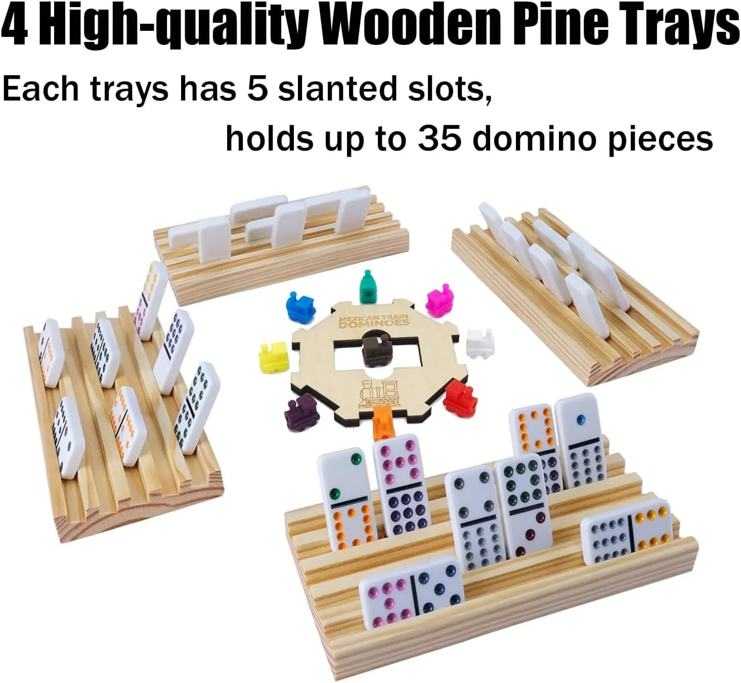 Mexican Train Dominoes Set with Numbers and 4 Wooden Trays/Racks, Double 12 Dominos Travel Set with 4 Tiles Holders, 91 Tiles Double 12 (Mexican Train Dominoes Set with 4 Racks)