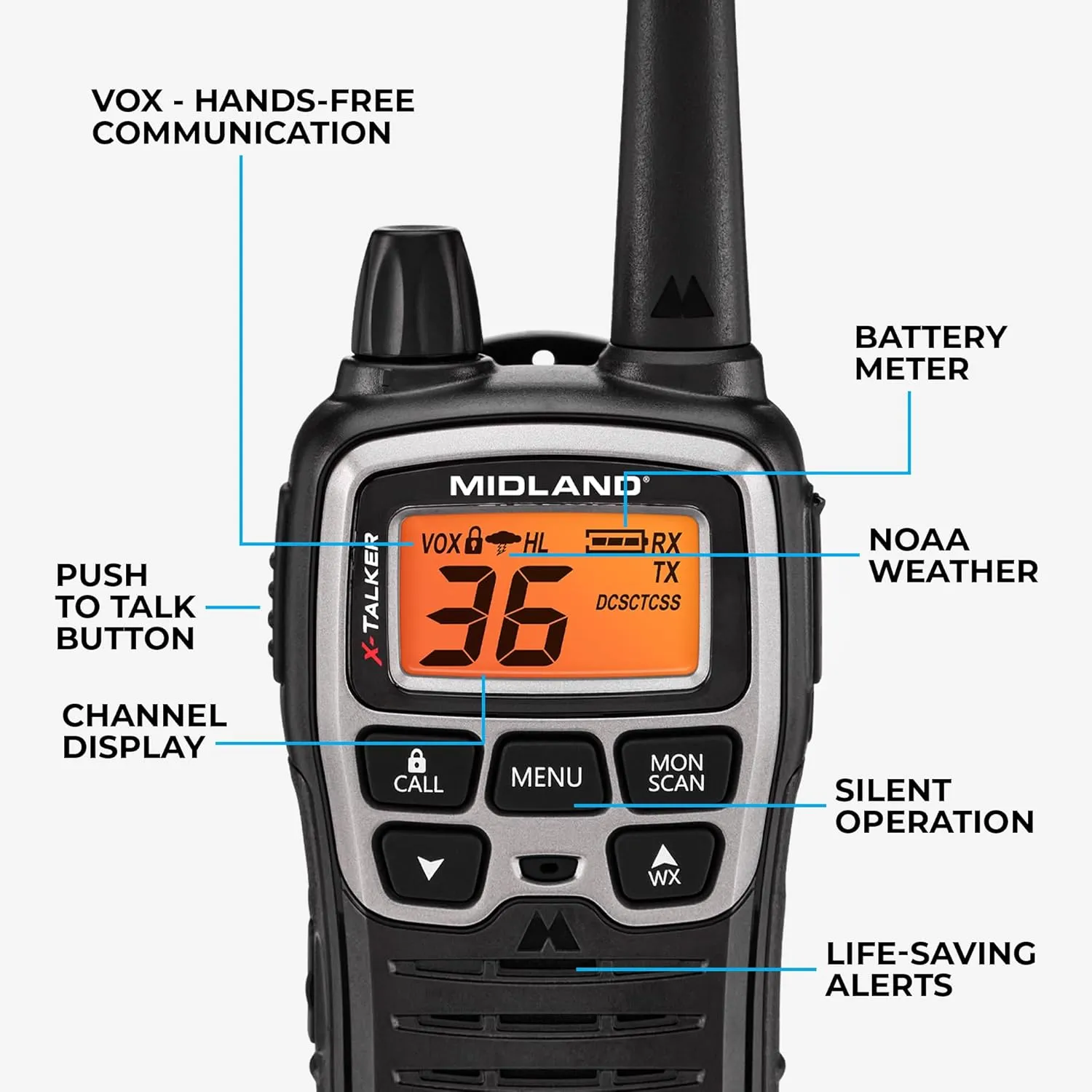 Midland T77VP5 X-TALKER Long Range Walkie-Talkie FRS Two-Way Radio for Camping Overlanding NOAA Weather Scan   Alert, 121 Privacy Codes - Includes Carrying Case & Headset Black/Silver, 2 Radio Bundle