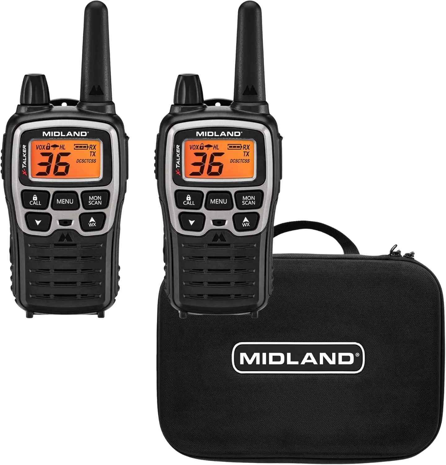 Midland T77VP5 X-TALKER Long Range Walkie-Talkie FRS Two-Way Radio for Camping Overlanding NOAA Weather Scan   Alert, 121 Privacy Codes - Includes Carrying Case & Headset Black/Silver, 2 Radio Bundle