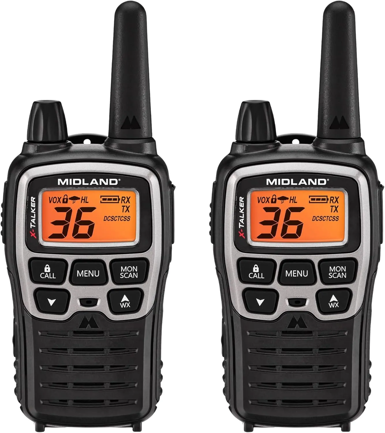 Midland T77VP5 X-TALKER Long Range Walkie-Talkie FRS Two-Way Radio for Camping Overlanding NOAA Weather Scan   Alert, 121 Privacy Codes - Includes Carrying Case & Headset Black/Silver, 2 Radio Bundle