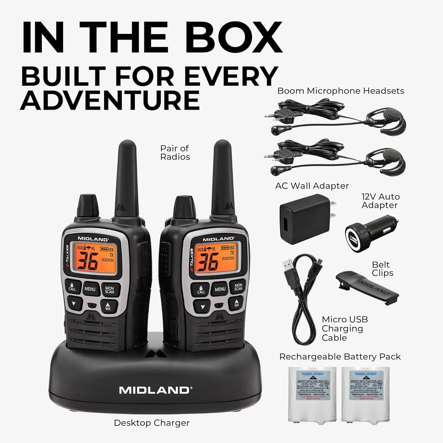 Midland T77VP5 X-TALKER Long Range Walkie-Talkie FRS Two-Way Radio for Camping Overlanding NOAA Weather Scan   Alert, 121 Privacy Codes - Includes Carrying Case & Headset Black/Silver, 2 Radio Bundle