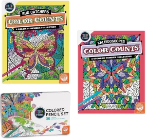MindWare Color Counts Set of 2 Color by Number Books : Kaleidoscope & Sun Catchers - Includes Numbered Colored Pencils – Fun Art Projects & Kids Crafts – Ages 6 and Up