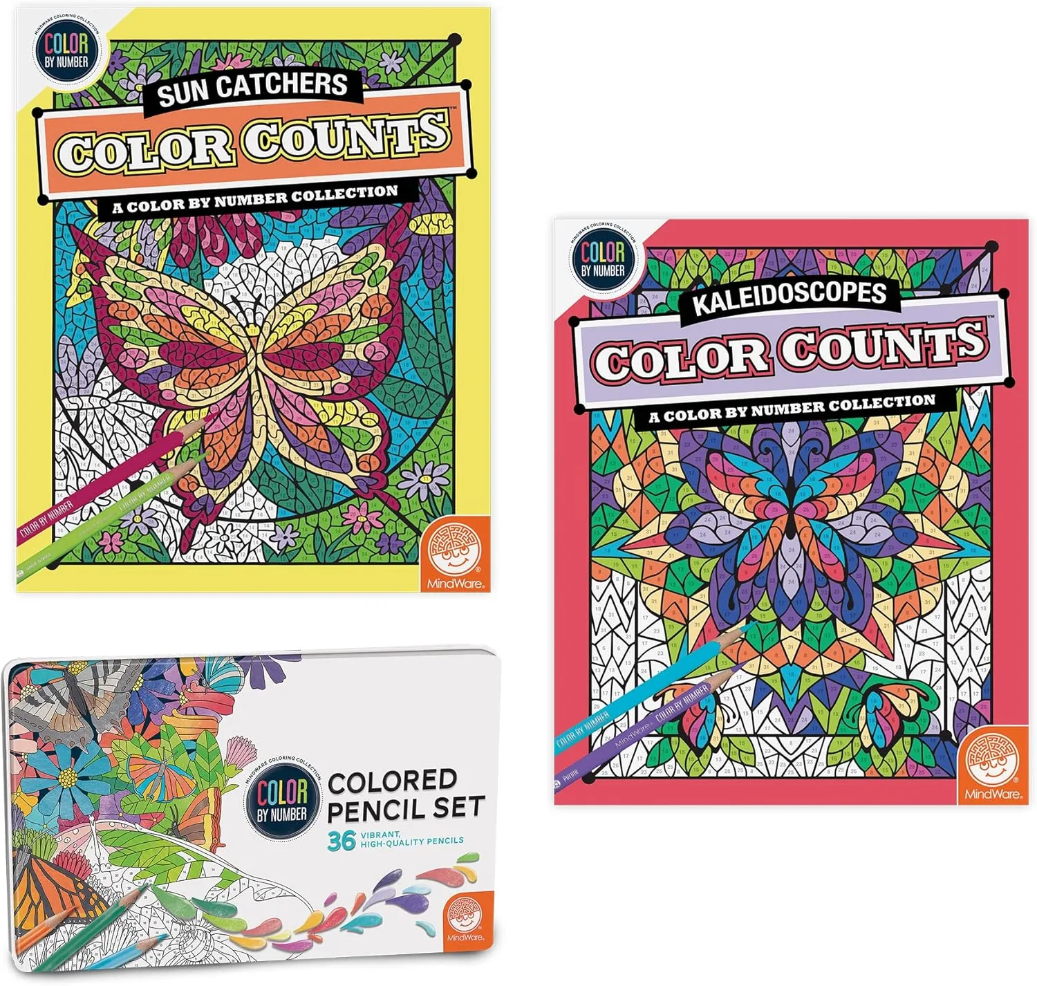 MindWare Color Counts Set of 2 Color by Number Books : Kaleidoscope & Sun Catchers - Includes Numbered Colored Pencils – Fun Art Projects & Kids Crafts – Ages 6 and Up