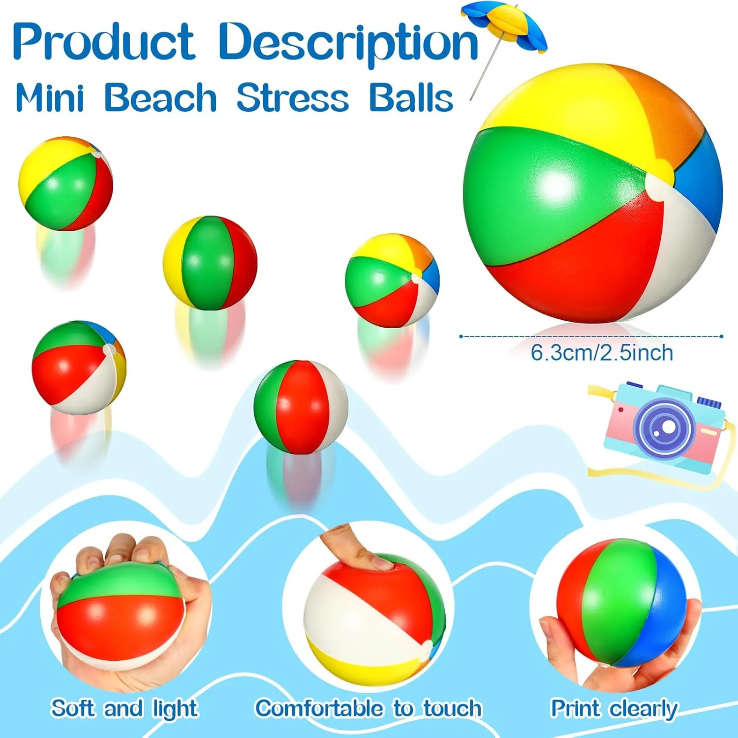 Mini Beach Stress Balls 2.5 Inch Relief Stress Ball Rainbow PU Foam Stress Balls Swimming Pool Game Toy Sports Ball Hawaiian Party Favors for Boy Girl School Carnival Summer Birthday(36 Pcs)