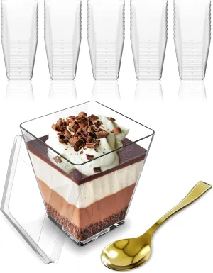 Mini Dessert Cups with Lids and Spoons (50 PACK) (Gold Spoons) – 5 oz Plastic Appetizer Cups for Parfait – Reusable Mini Square Dessert Cups for Events, Parties, & More - BPA Free Catering Supplies