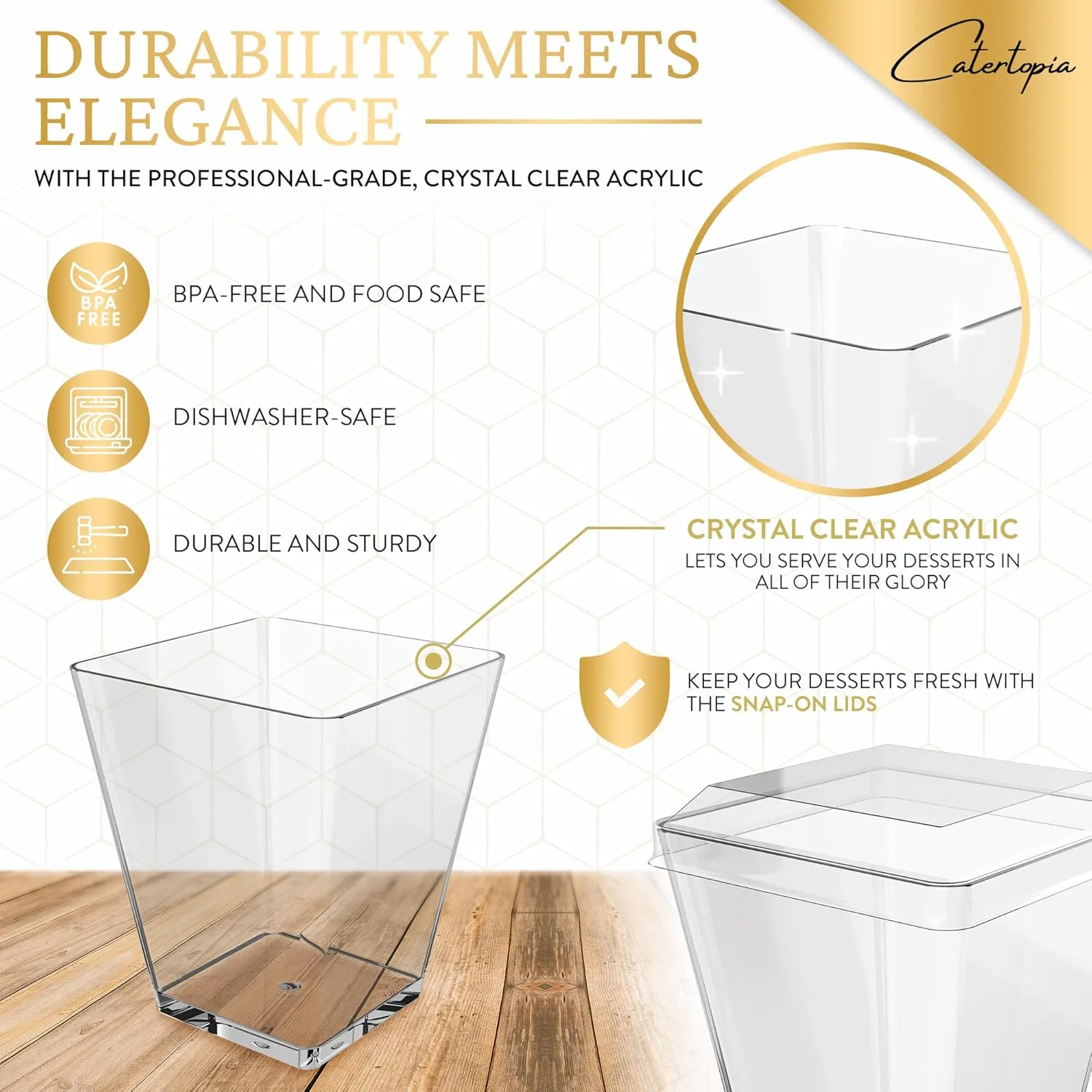 Mini Dessert Cups with Lids and Spoons (50 PACK) (Gold Spoons) – 5 oz Plastic Appetizer Cups for Parfait – Reusable Mini Square Dessert Cups for Events, Parties, & More - BPA Free Catering Supplies