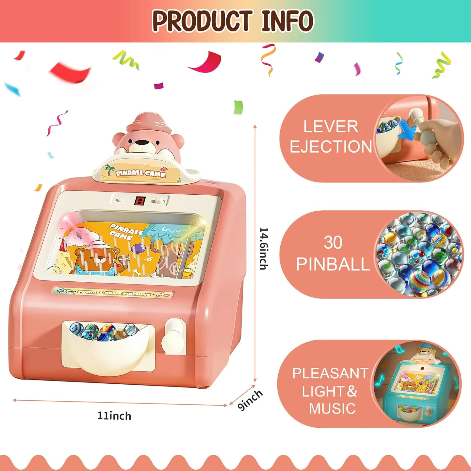 Mini Pinball Machine for Kids Ages 3-12, Electronic Tabletop Arcade Games for Home with Lights & Music, Board Game with 30 Pinballs, Active Toy for Toddlers, for Boys Girls (Pink)