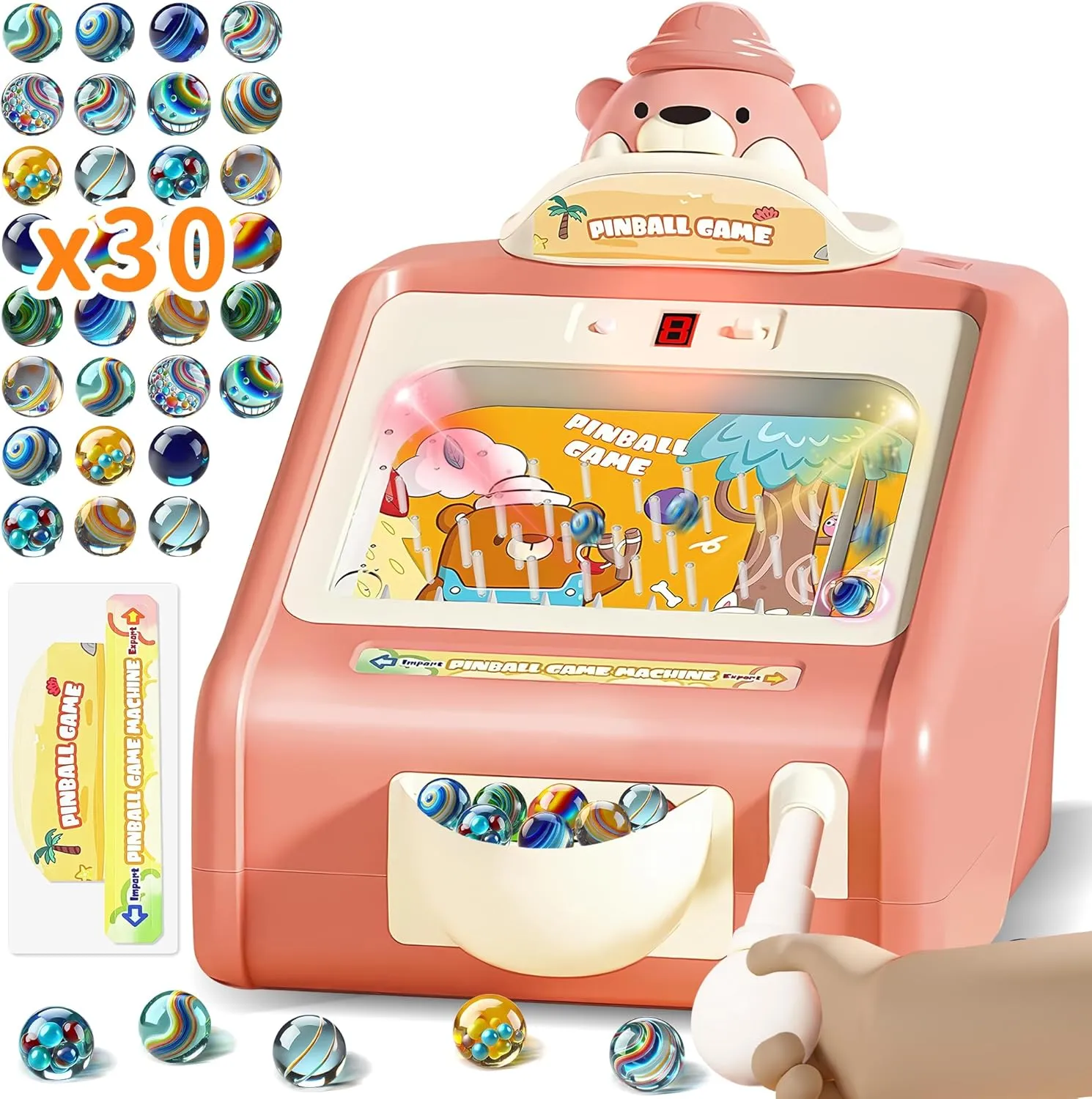Mini Pinball Machine for Kids Ages 3-12, Electronic Tabletop Arcade Games for Home with Lights & Music, Board Game with 30 Pinballs, Active Toy for Toddlers, for Boys Girls (Pink)