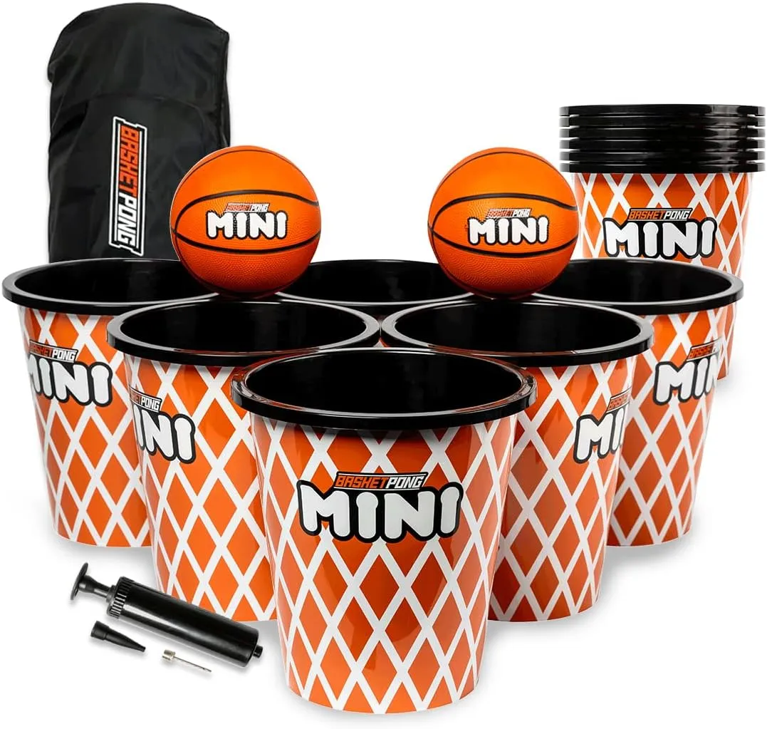 Mini – Yard Pong and Basketball Game with 12 Buckets, 2 Balls, Carrying Bag, and Air Pump – Outdoor Game for Lawn, Backyard, Beach, and Travel